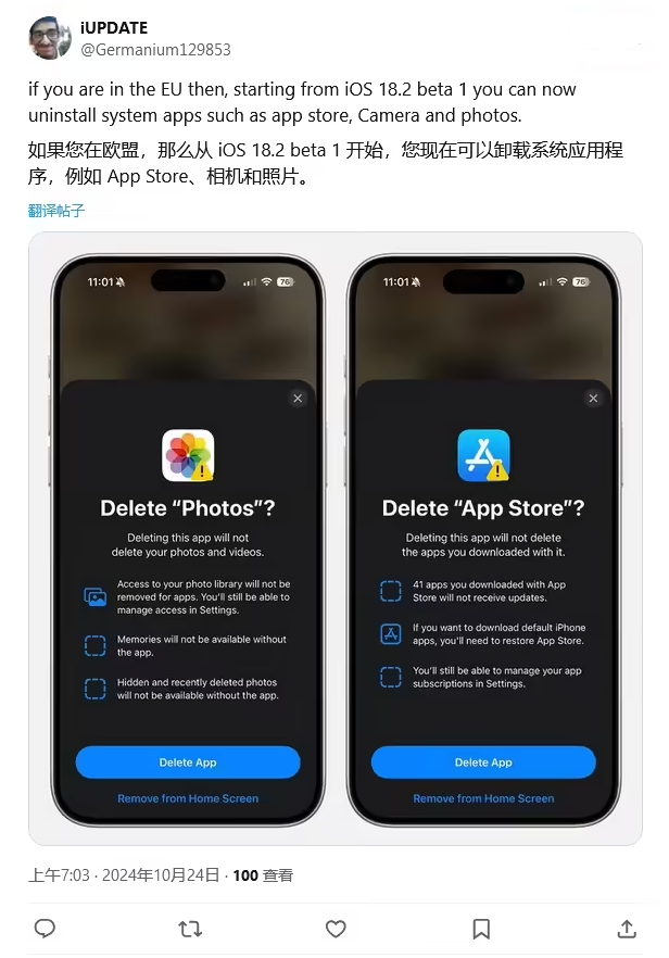 海南苹果手机维修分享iOS 18.2 支持删除 App Store 应用商店 